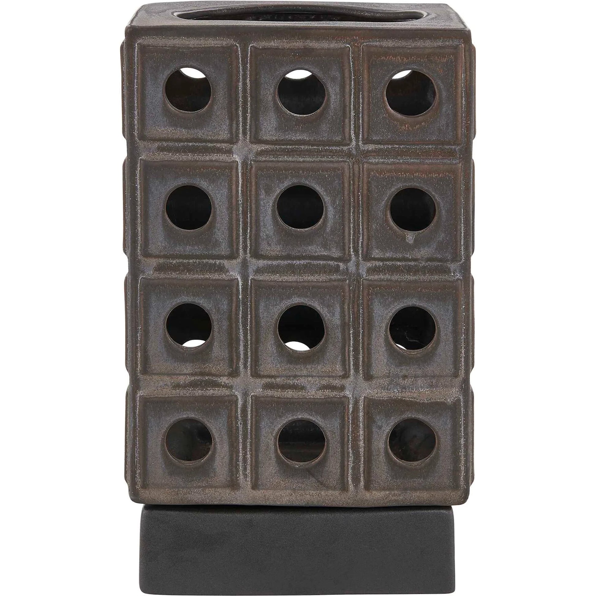 Lattice Indoor-Outdoor Lantern Candleholder by Uttermost in brown, gray and dark. Made from earthenware in a unique style.