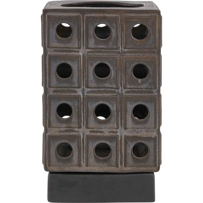 Lattice Indoor-Outdoor Lantern Candleholder by Uttermost in brown, gray and dark. Made from earthenware in a unique style.