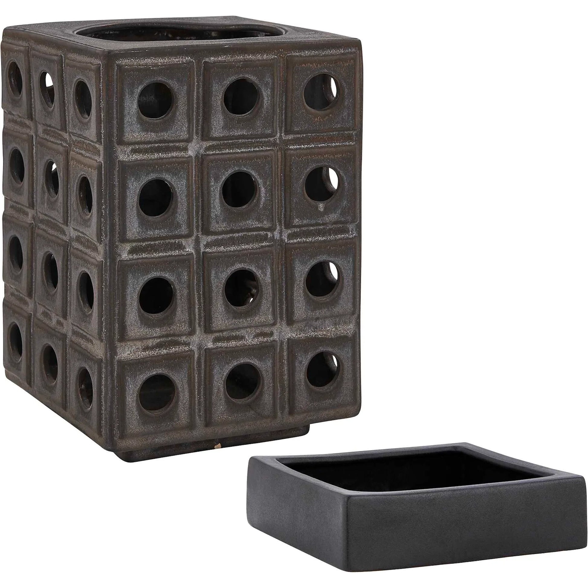 Lattice Indoor-Outdoor Lantern Candleholder by Uttermost in brown, gray and dark. Made from earthenware in a unique style.