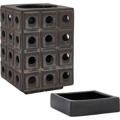 Lattice Indoor-Outdoor Lantern Candleholder by Uttermost in brown, gray and dark. Made from earthenware in a unique style.