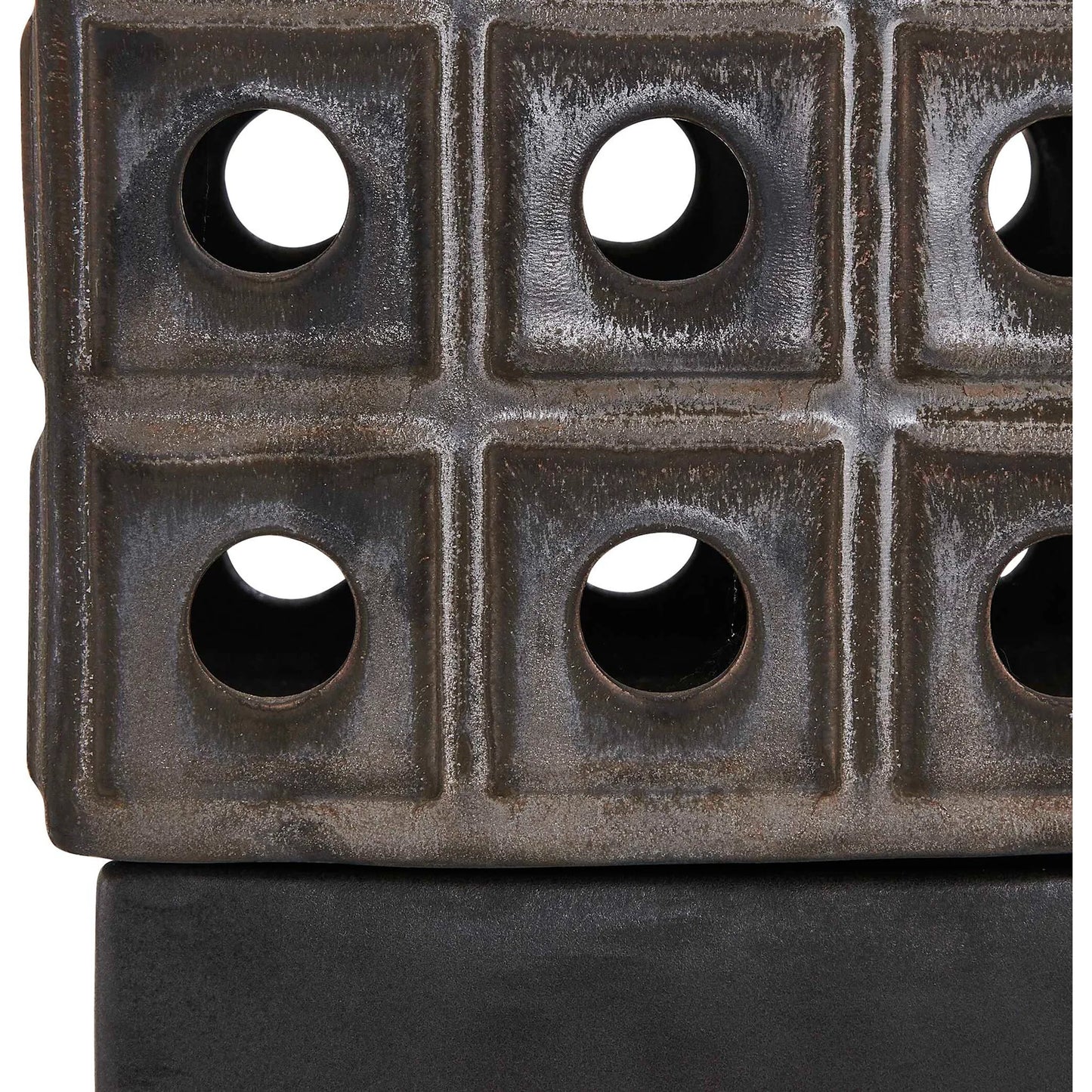 003 SI-2526173 | Closeup | Lattice Indoor-Outdoor Lantern Candleholder by Uttermost in brown, gray and dark. Made from earthenware in a unique style.