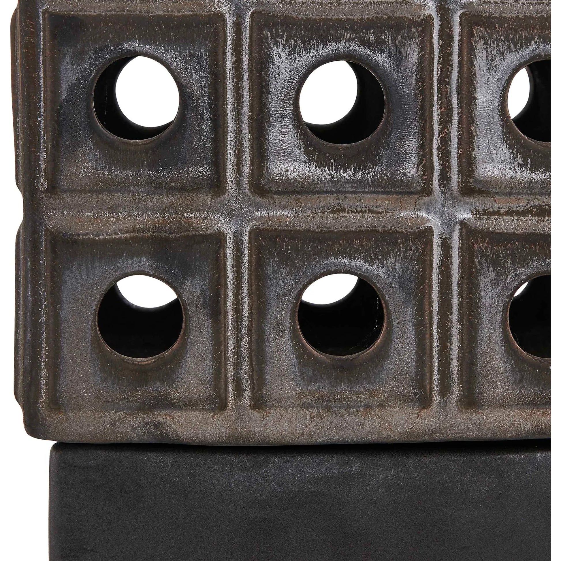 Lattice Indoor-Outdoor Lantern Candleholder by Uttermost in brown, gray and dark. Made from earthenware in a unique style.