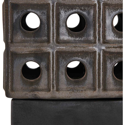 Lattice Indoor-Outdoor Lantern Candleholder by Uttermost in brown, gray and dark. Made from earthenware in a unique style.