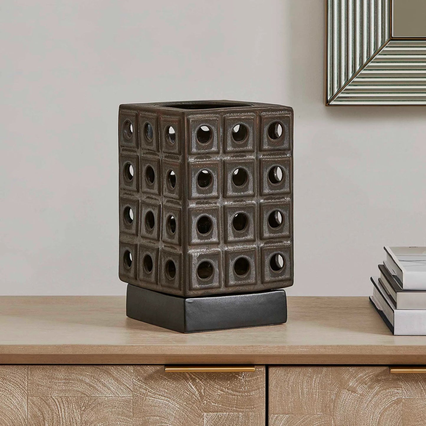 004 SI-2526173 | Lifestyle | Lattice Indoor-Outdoor Lantern Candleholder by Uttermost in brown, gray and dark. Made from earthenware in a unique style.