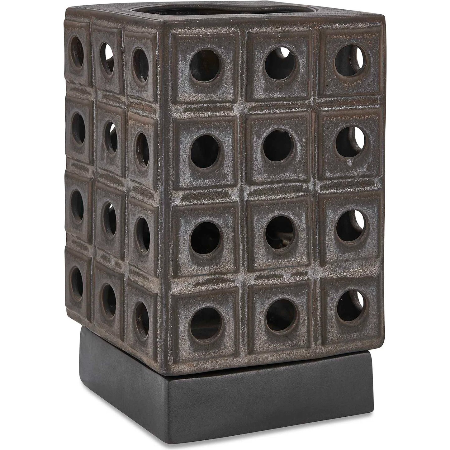001 SI-2526173 | Primary Silo | Lattice Indoor-Outdoor Lantern Candleholder by Uttermost in brown, gray and dark. Made from earthenware in a unique style.