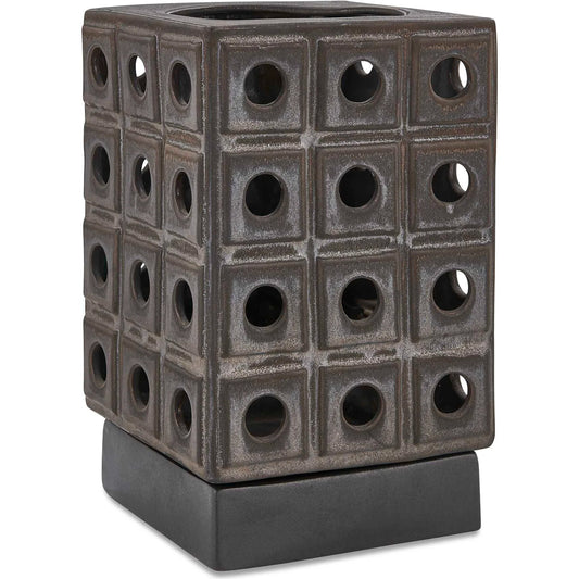 Lattice Indoor-Outdoor Lantern Candleholder by Uttermost in brown, gray and dark. Made from earthenware in a unique style.
