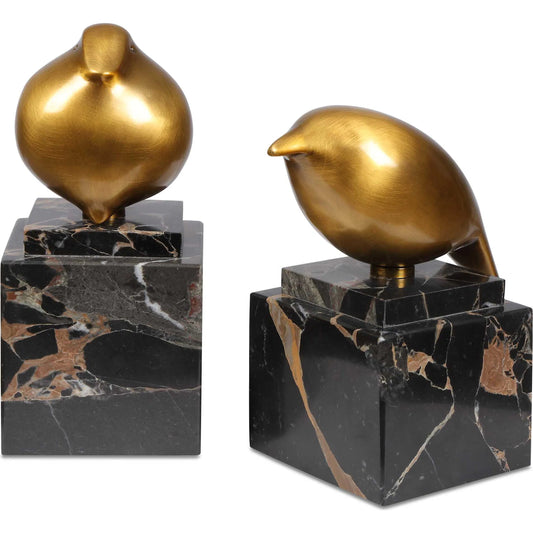Finch Bird Figurines by Uttermost in black, brass and brass. Made from marble, brass in a unique style.