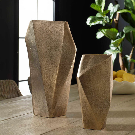 Geoform Indoor-Outdoor Vases by Uttermost in brass. Made from aluminium in a unique style.