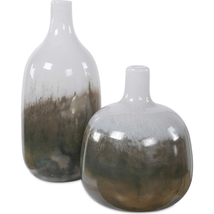 Cardoni Smoke Vases by Uttermost in bronze, white and bronze. Made from glass in a unique style.