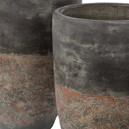 Emberwash Planters by Uttermost in black, brown and charcoal. Made from pottery in a unique style.