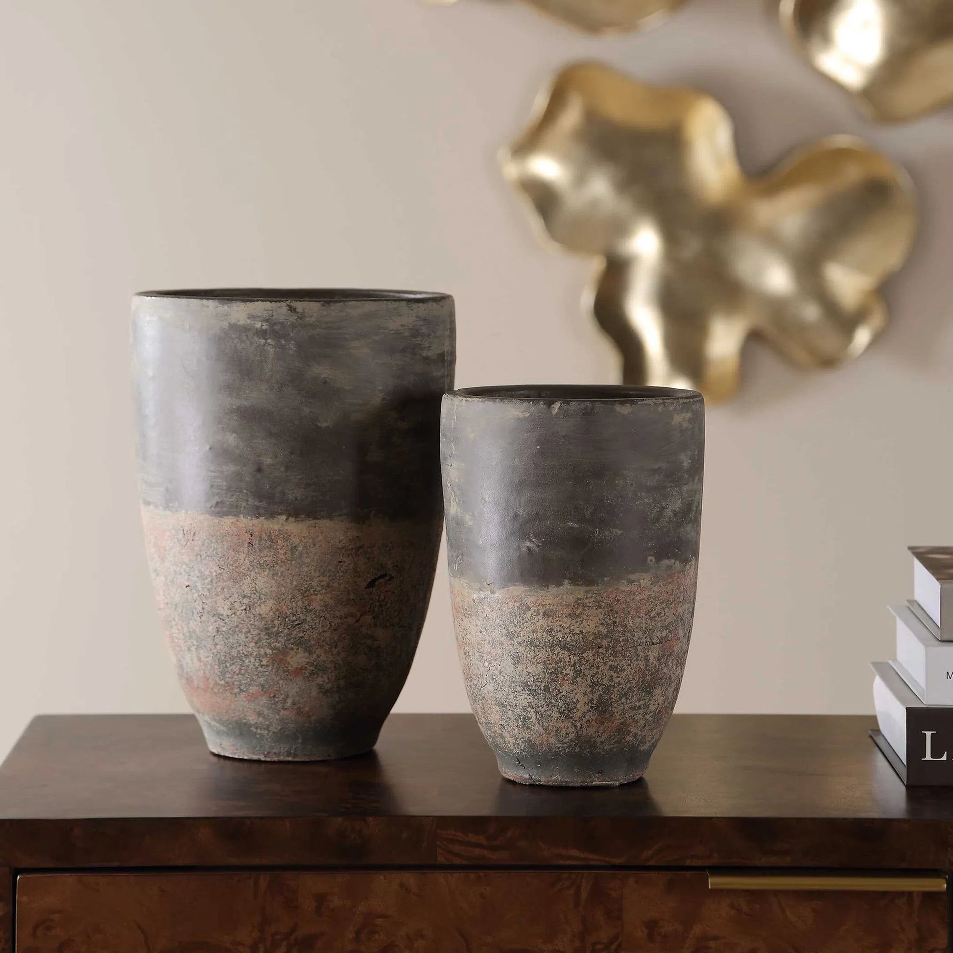 Emberwash Planters by Uttermost in black, brown and charcoal. Made from pottery in a unique style.