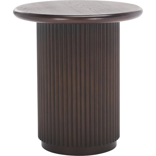 Agami Round Accent Table by Safavieh in dark brown and nc painting. Made from mdf with ash veneer in a unique style.
