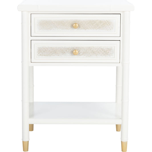 Ahab 2 Drawers 1 Shelf Accent Table by Safavieh in white, gold. Made from bayur wood, mdf veneer steel in a modern style.