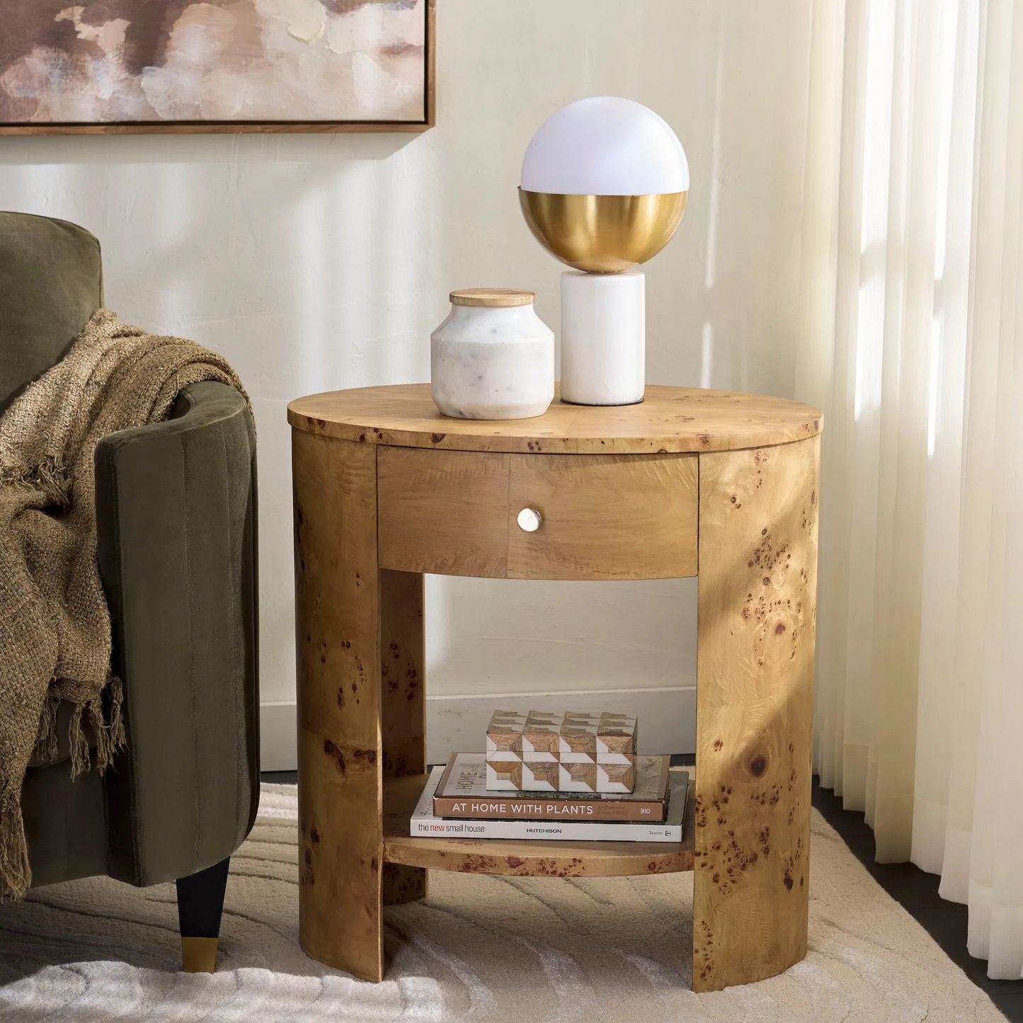 007 SI-2453756 | Lifestyle | Bailey 1 Drawer 1 Shelf Accent Table by HedgeApple Essentials in natural. Made from wood, mdf, veneer, burlwood in a transitional style.
