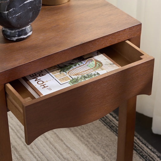 Utuado 1 Drawer Accent Table by HedgeApple Essentials in dark oak. Made from bayur wood, mdf, veneer in a transitional style.
