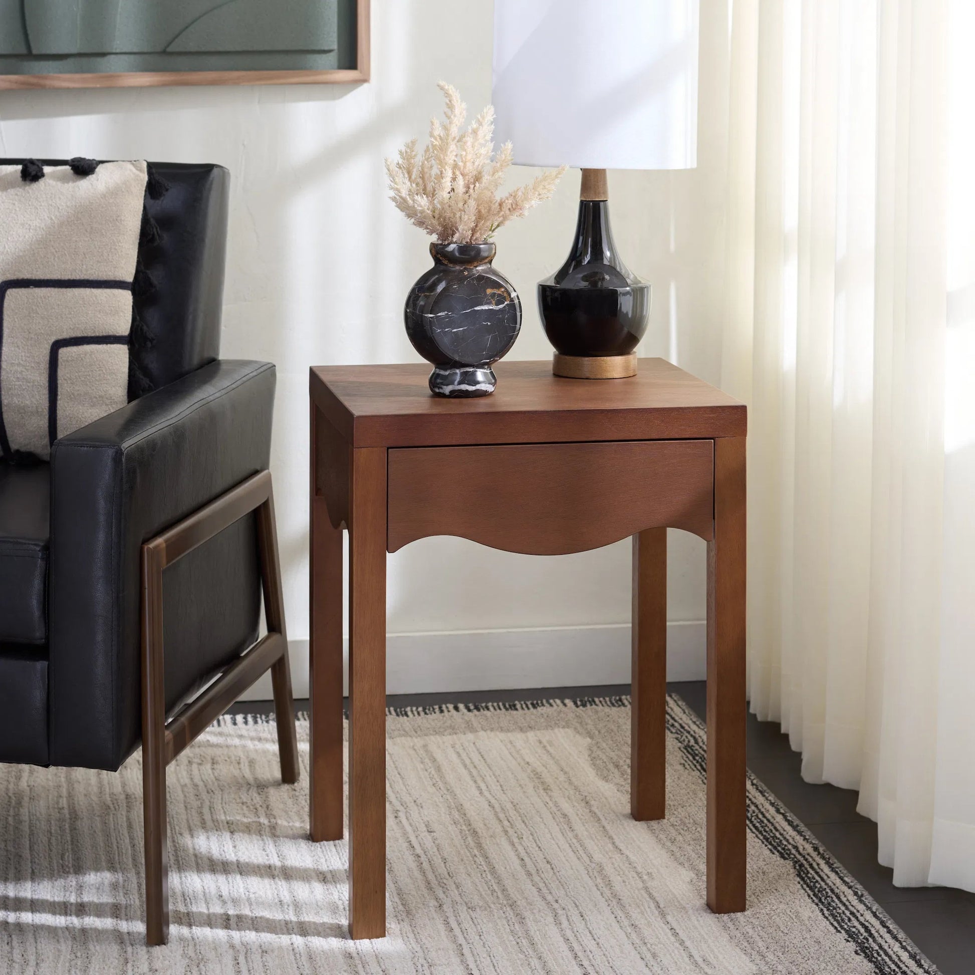 Utuado 1 Drawer Accent Table by HedgeApple Essentials in dark oak. Made from bayur wood, mdf, veneer in a transitional style.