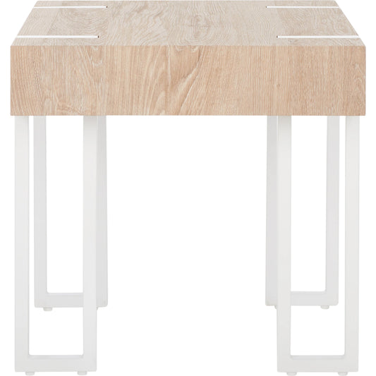 Aberton End Table by Safavieh in natural, white. Made from paper veneer for top, powder coating for tube, mdf, iron in a modern style.