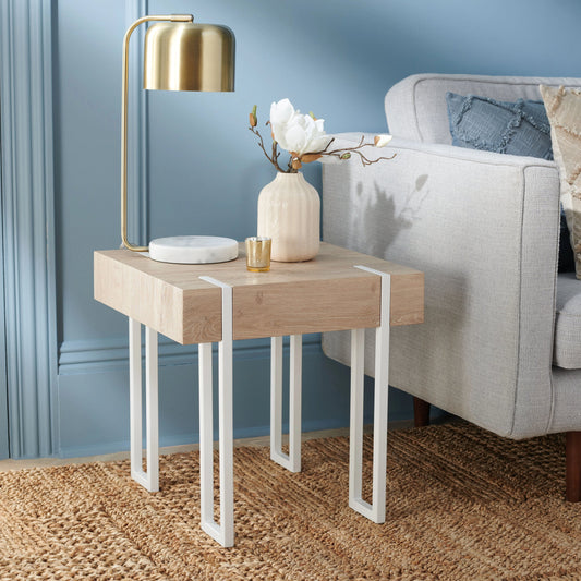 Aberton End Table by Safavieh in natural, white. Made from paper veneer for top, powder coating for tube, mdf, iron in a modern style.