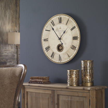 Harrison Clock by Uttermost in gray. Made from mdf, brass, aluminum in a traditional style.