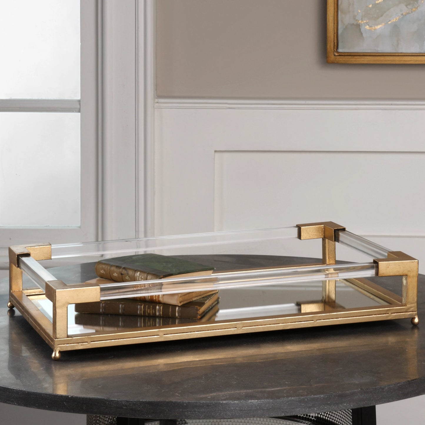 009 S-252189 | Lifestyle | Balkan Mirrored Tray by Uttermost. Made from metal, acrylic, mdf in a modern style.