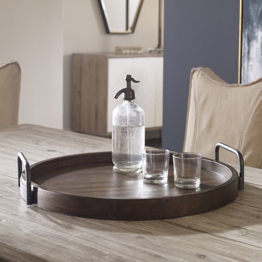 Reine Round Wooden Tray by Uttermost. Made from mdf, veneer, acacia wood, metal in a cottage & farmhouse style.