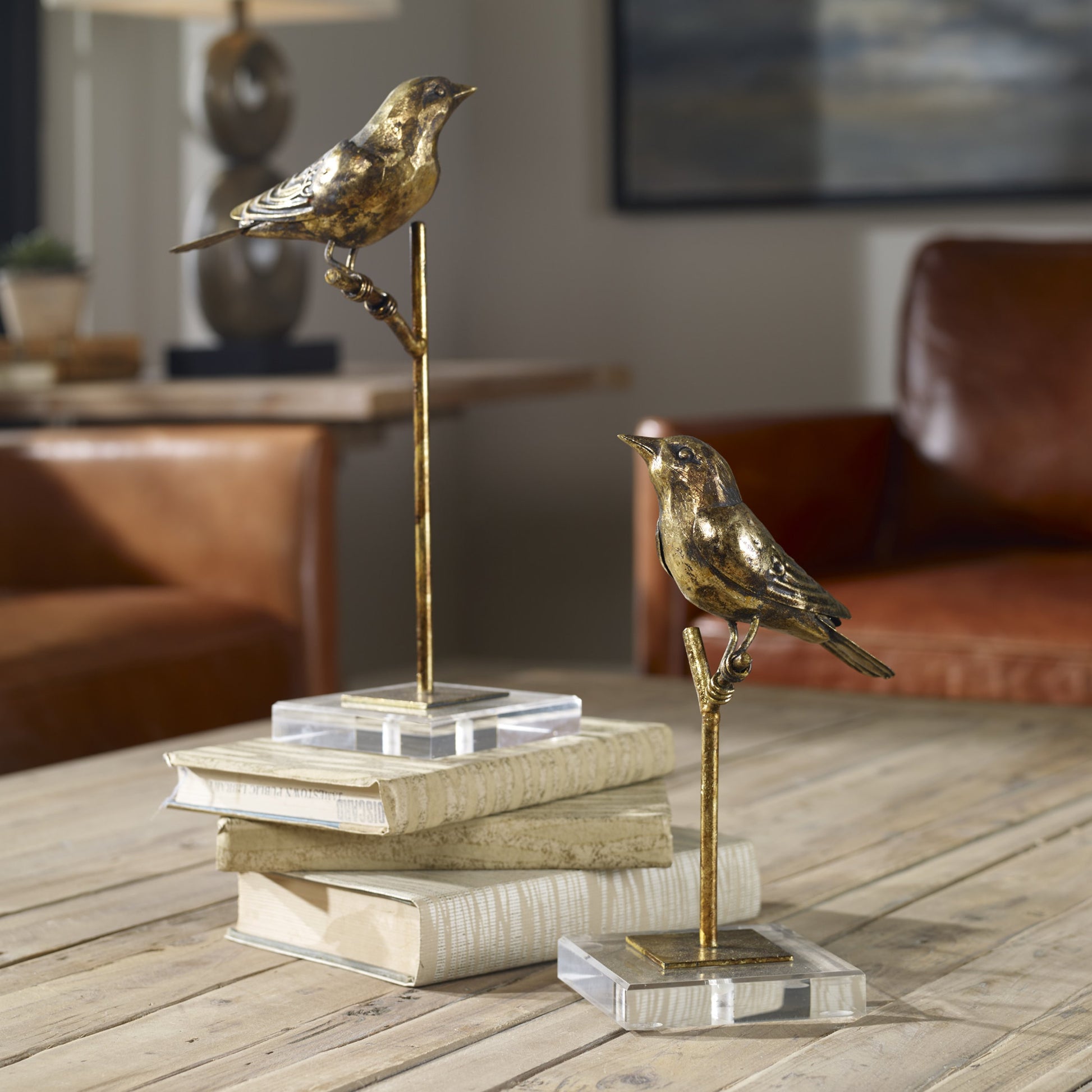 Passerines Bird Sculptures (Set of 2) by Uttermost. Made from polyresin, iron, crystal in a cottage & farmhouse style.