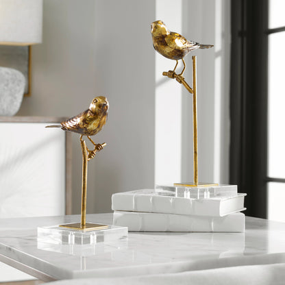 Passerines Bird Sculptures (Set of 2) by Uttermost. Made from polyresin, iron, crystal in a cottage & farmhouse style.