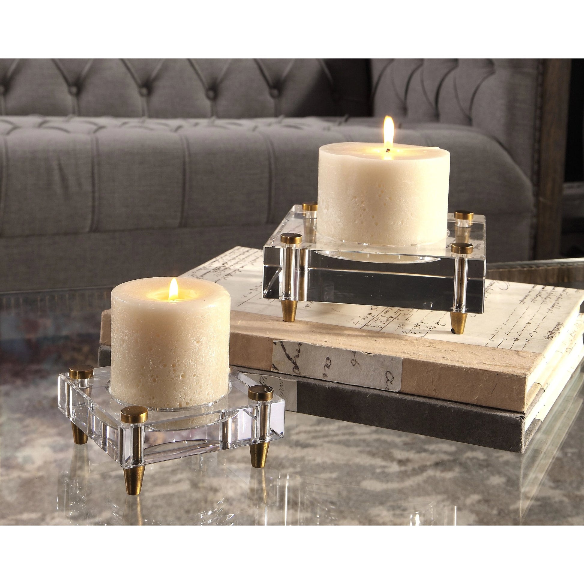 Claire Crystal Block Candleholders (Set of 2) by Uttermost. Made from iron. crystal in a modern style.