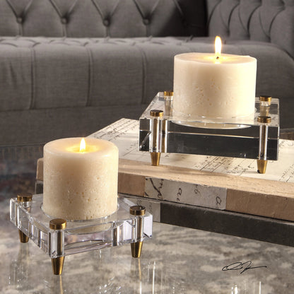 Claire Crystal Block Candleholders (Set of 2) by Uttermost. Made from iron. crystal in a modern style.