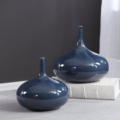 Zayan Blue Vases by Uttermost in blue. Made from ceramic in a transitional style.