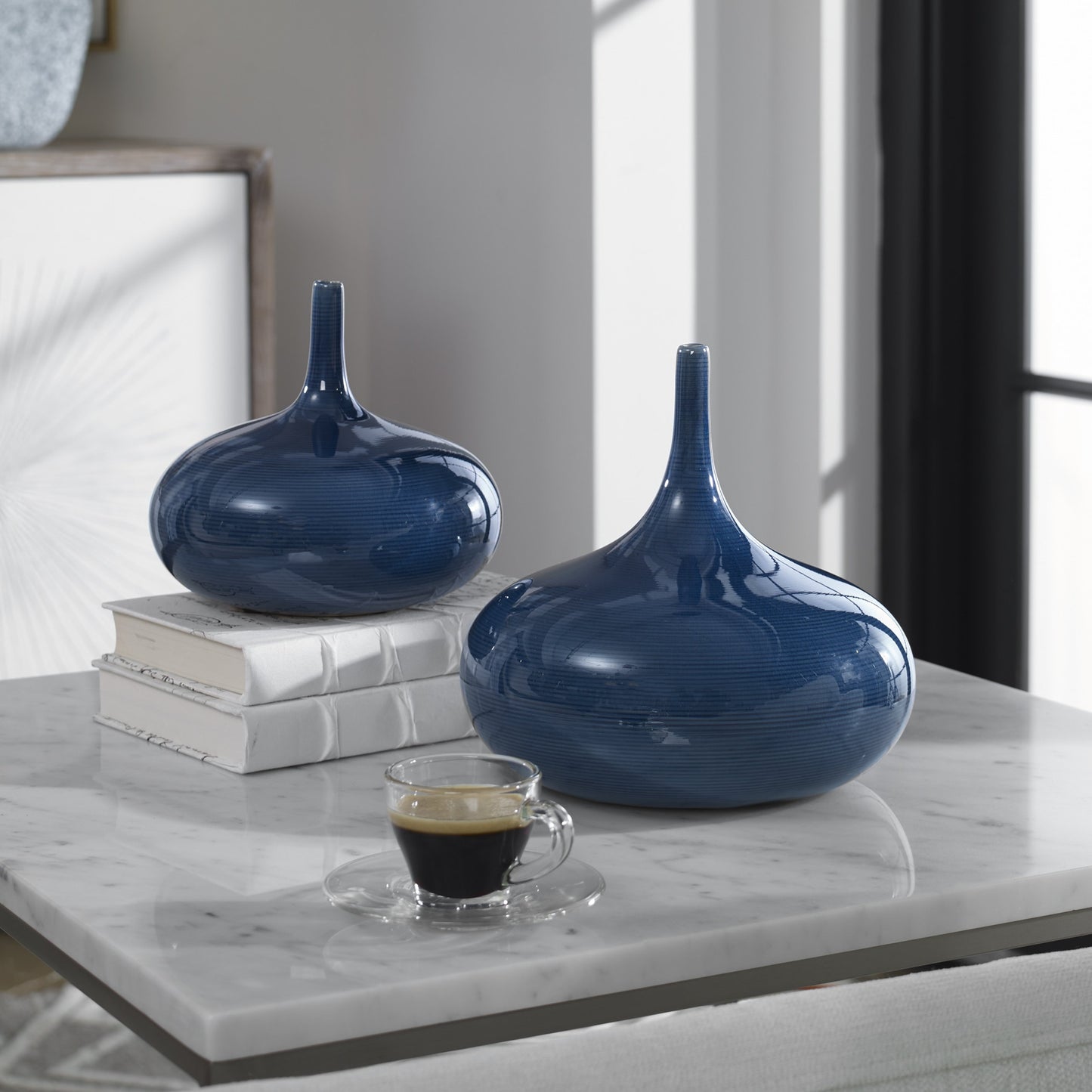 003 S-343730 | Lifestyle | Zayan Blue Vases by Uttermost in blue. Made from ceramic in a transitional style.