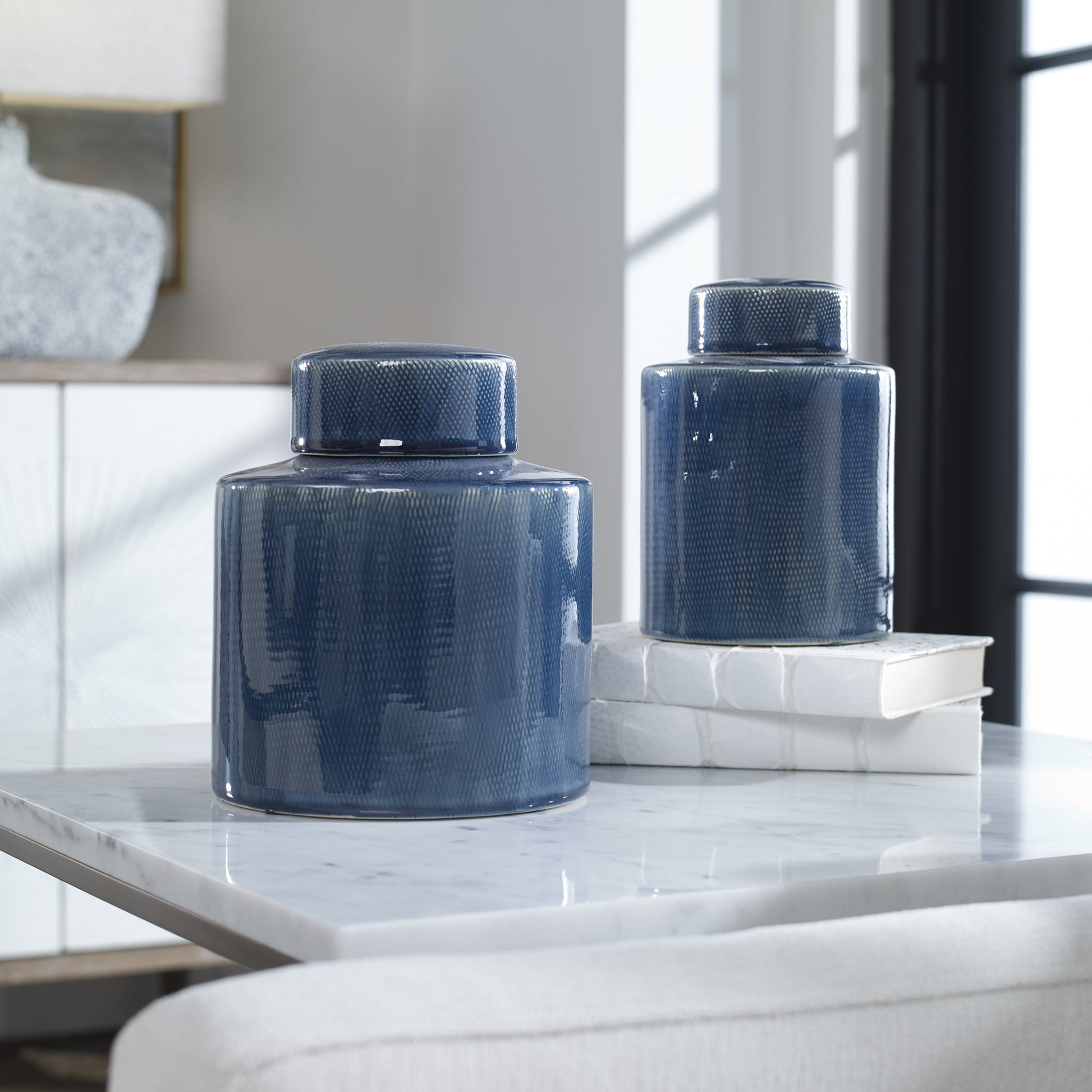 Saniya Blue Containers by Uttermost in blue. Made from ceramic in a transitional style.