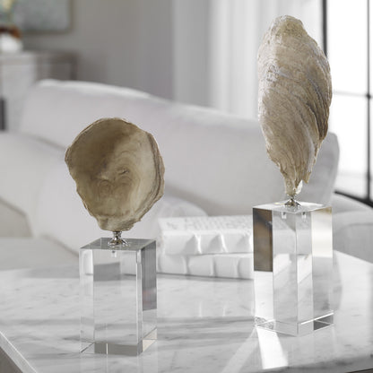 Oyster Shell Sculptures by Uttermost. Made from resin, crystal, stainless steel in a coastal style.
