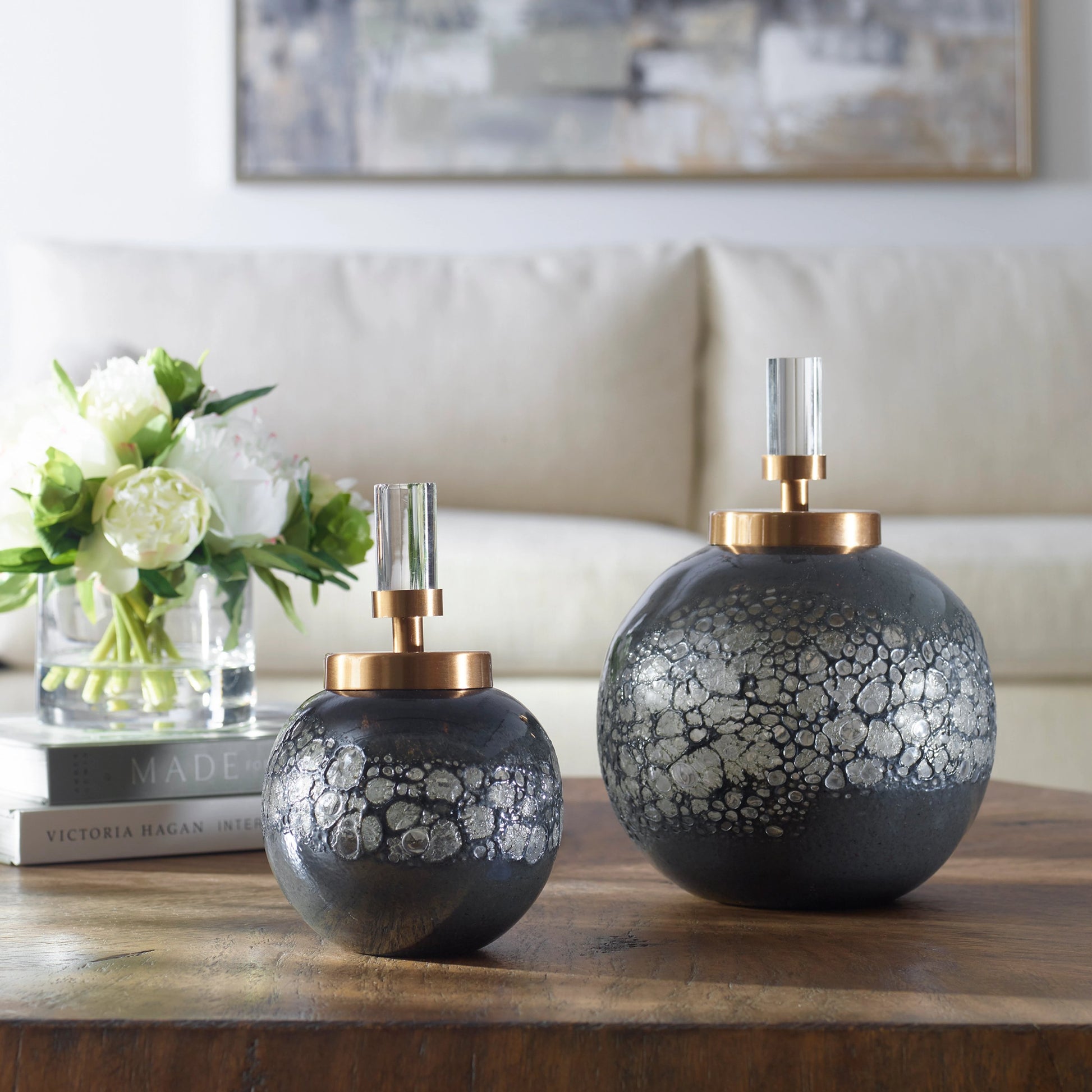 Cessair Art Glass Bottles by Uttermost in multi. Made from iron, glass, crystal in a modern style.