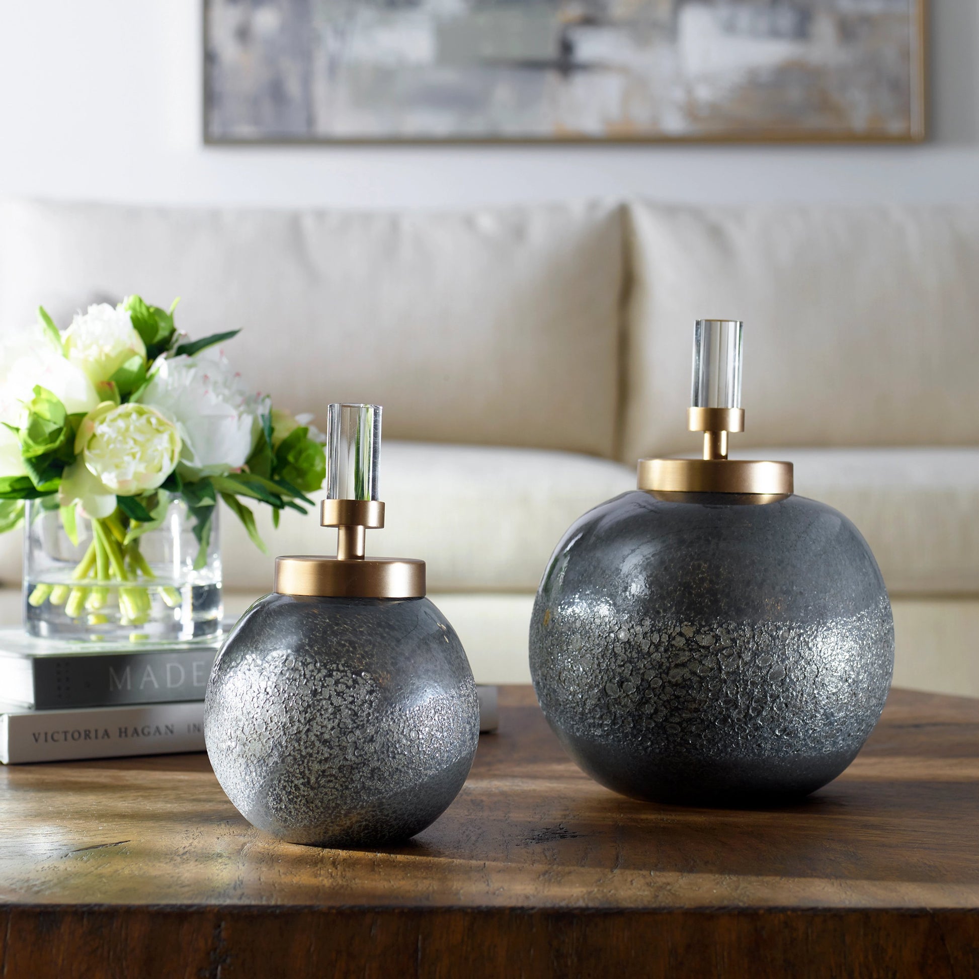 Cessair Art Glass Bottles by Uttermost in multi. Made from iron, glass, crystal in a modern style.