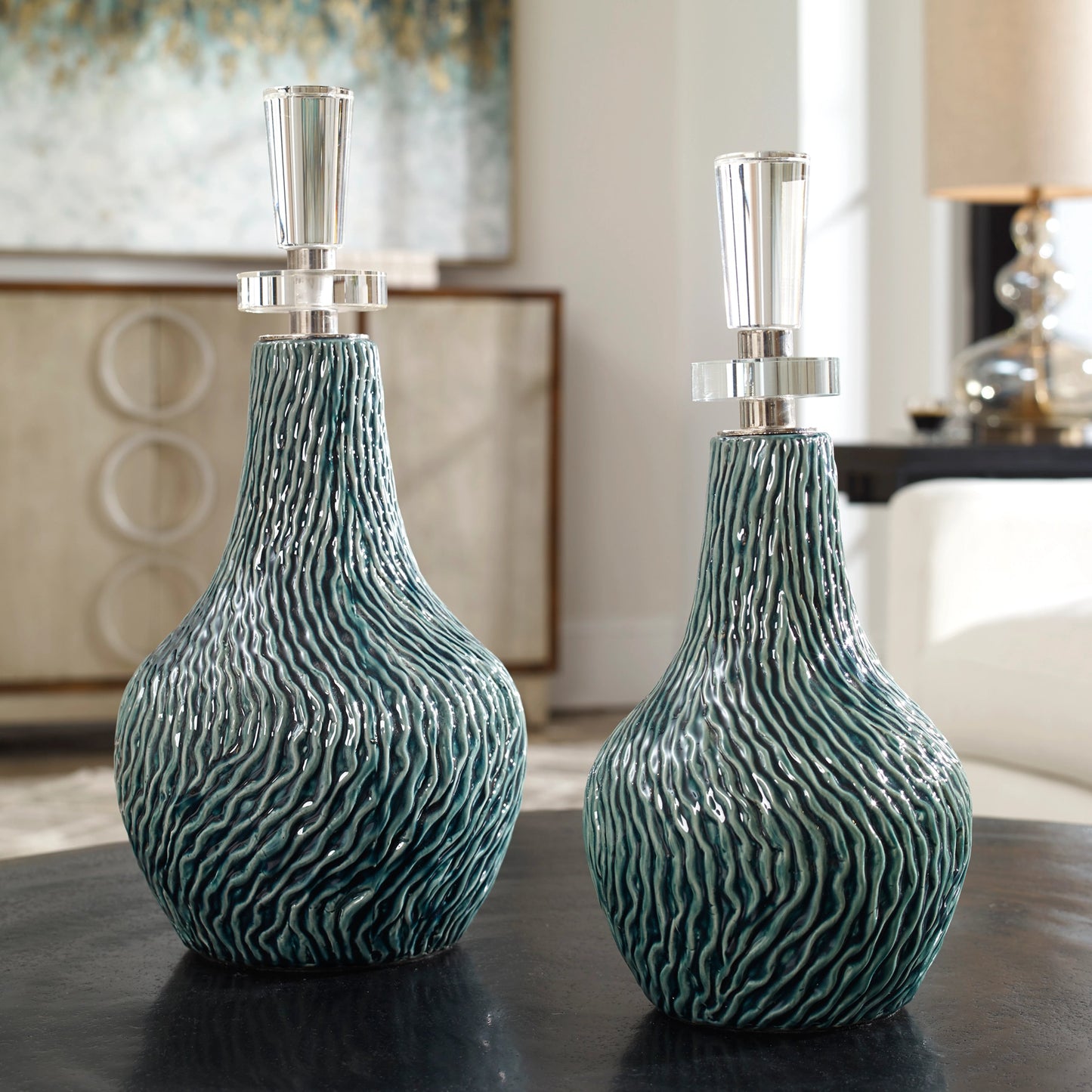 006 SR-824149 | Lifestyle | Almera Dark Bottles by Uttermost in teal. Made from ceramic, crystal, iron in a coastal style.