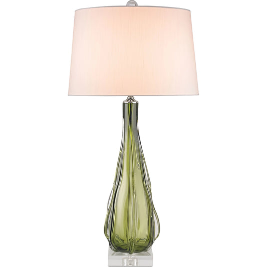 Zephyr Table Lamp by Currey and Company in green, clear. Made from glass, acrylic, metal in a modern style.