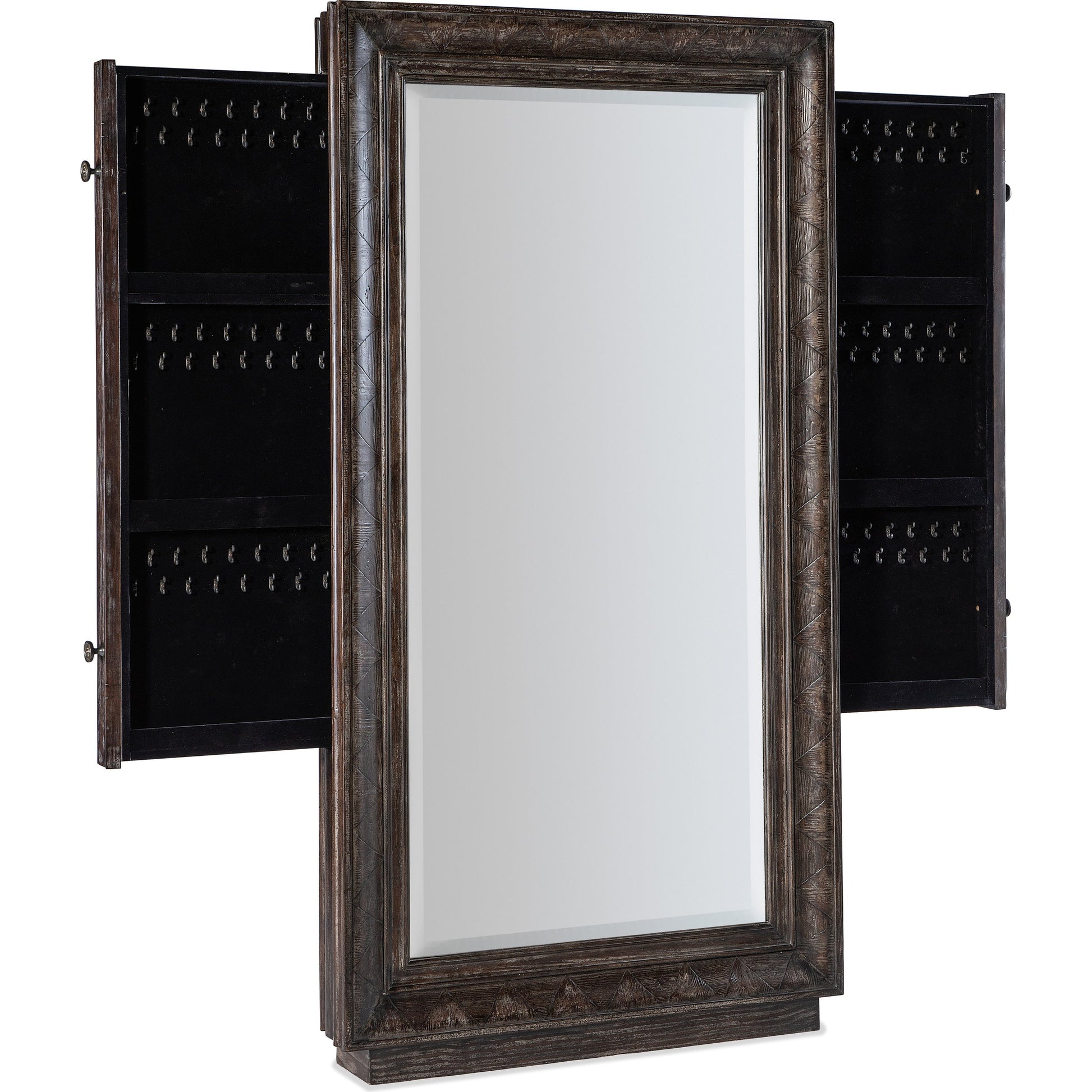 Traditions Floor Mirror by Hooker Furniture in dark wood. Made from pine veneers with mirror, felt, copper, jewelry bags in a transitional style.