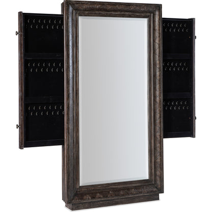 Traditions Floor Mirror by Hooker Furniture in dark wood. Made from pine veneers with mirror, felt, copper, jewelry bags in a transitional style.