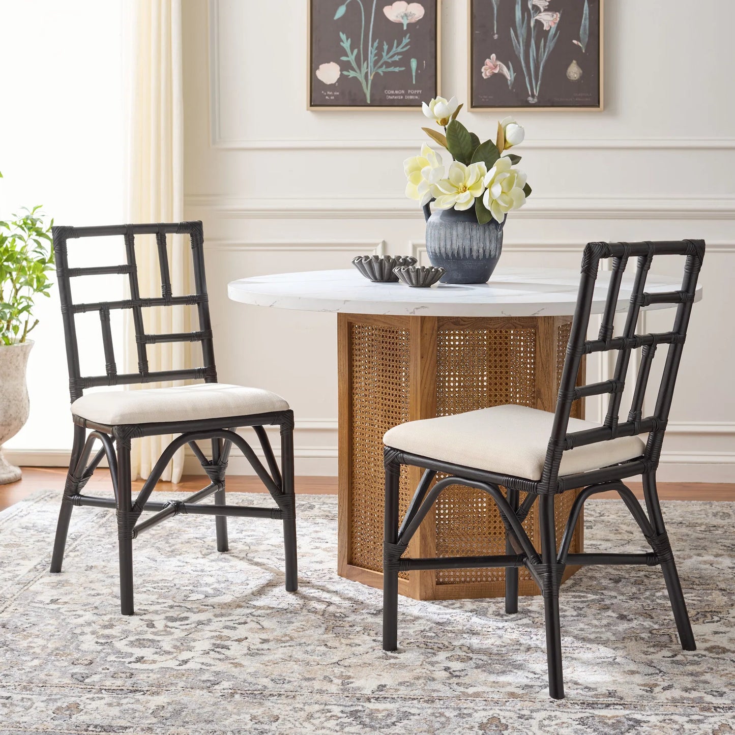 023 SI-2629736 | Lifestyle | Dudley Accent Chair with Cushion (Set of 2) by HedgeApple Essentials. Made from rattan, 60% cotton, 40% polyester in a unique style.