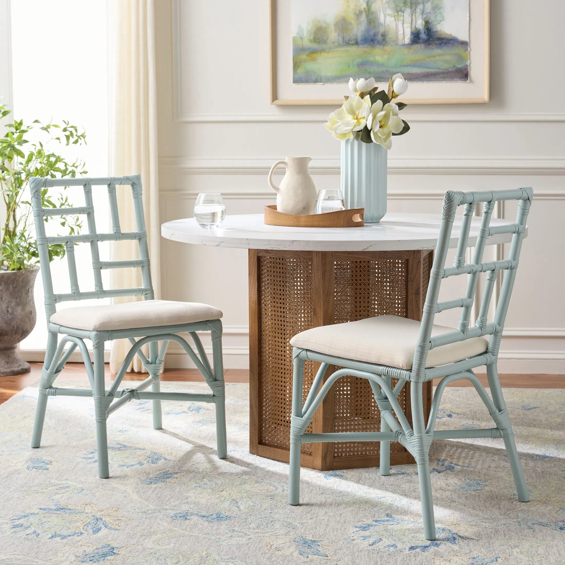 Dudley Accent Chair with Cushion (Set of 2) by HedgeApple Essentials. Made from rattan, 60% cotton, 40% polyester in a unique style.