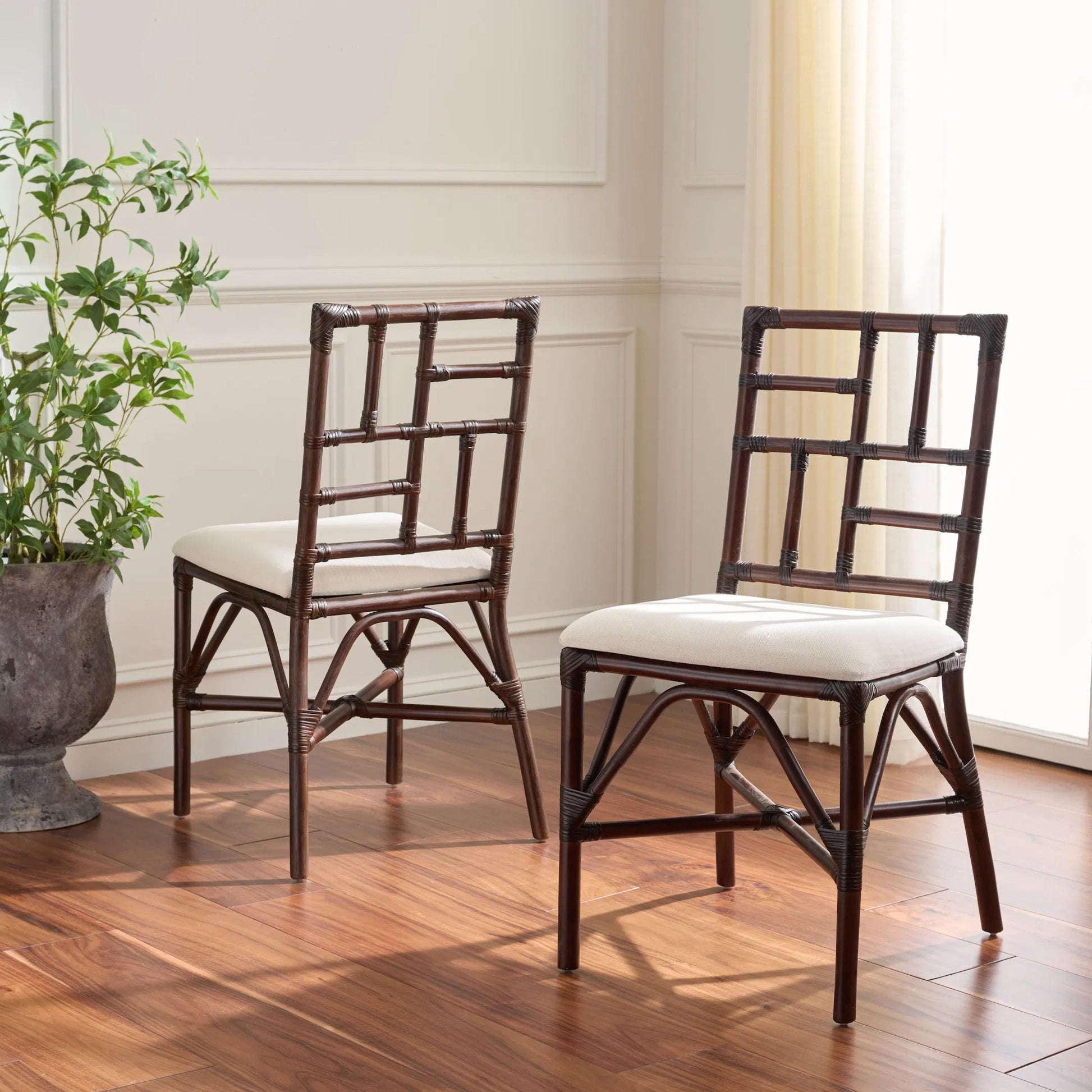 Dudley Accent Chair with Cushion (Set of 2) by HedgeApple Essentials. Made from rattan, 60% cotton, 40% polyester in a unique style.