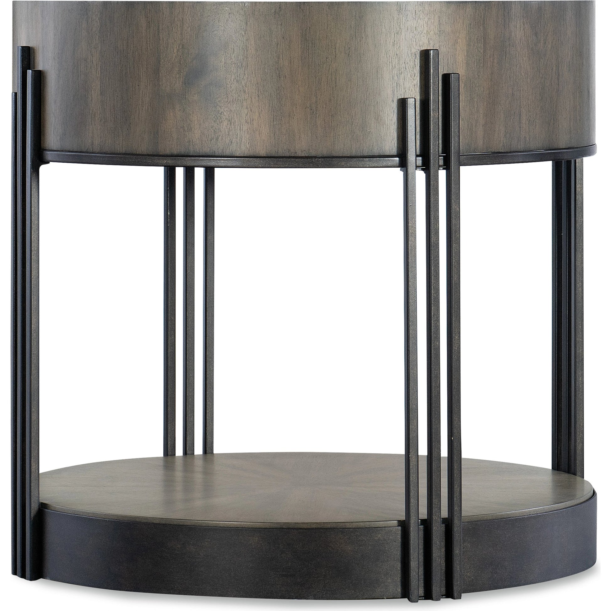 Commerce and Market Skyline Side Table by Hooker Furniture in dark wood, dark bronze. Made from sheet metal, metal tube, acacia veneers in a modern style.