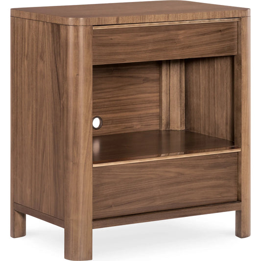 Eleana Two Drawer Nightstand by Hooker Furniture in light caramel, quartered walnut veneers, sunlit bronze metal. Made from walnut veneers in a modern style.
