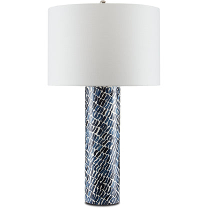 Indigo Table Lamp by Currey and Company in blue, white. Made from composite, wood, bone in a coastal style.