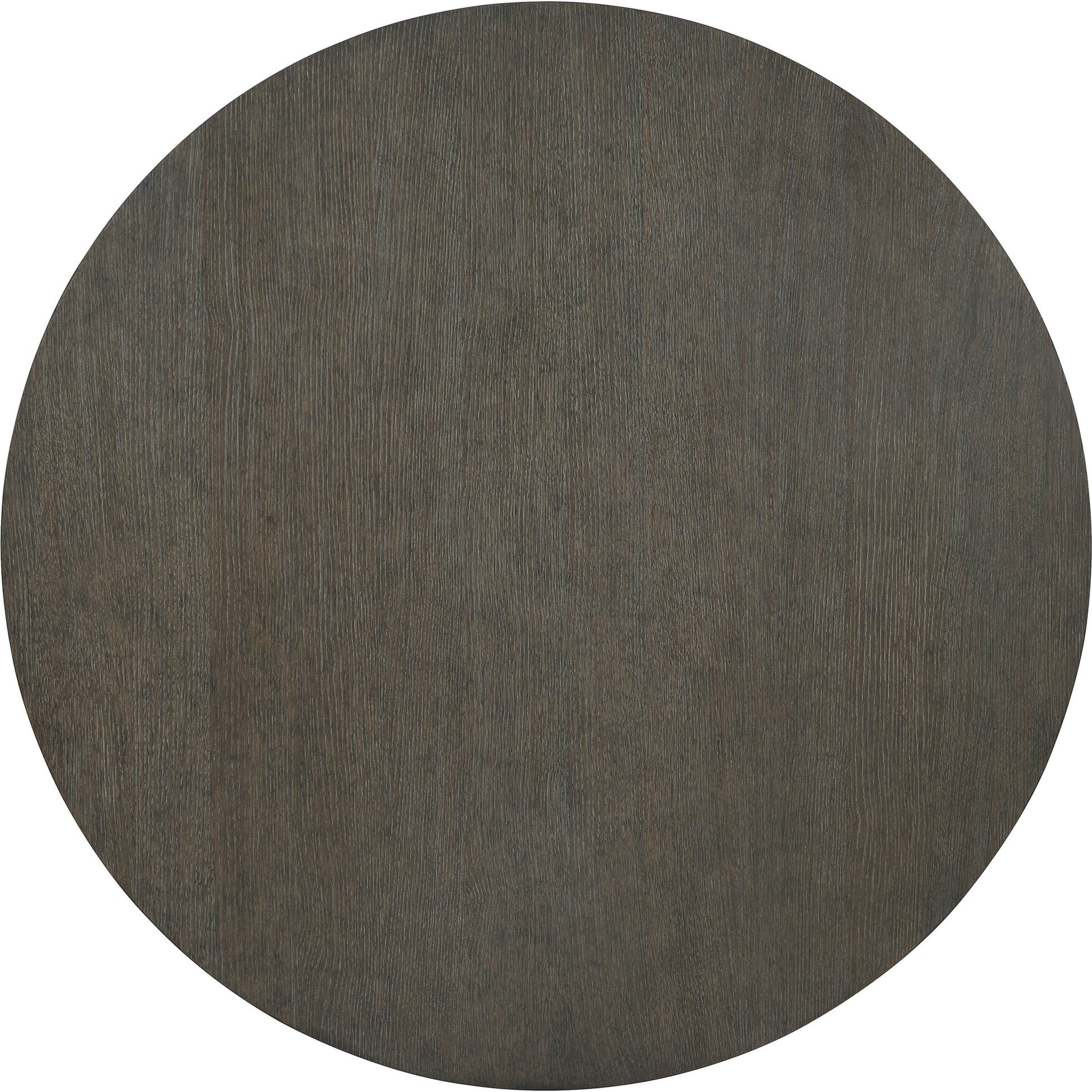 Linea Round Dining Table by Bernhardt in cerused charcoal, textured graphite metal. Made from white oak veneers, cast aluminum in a unique style.
