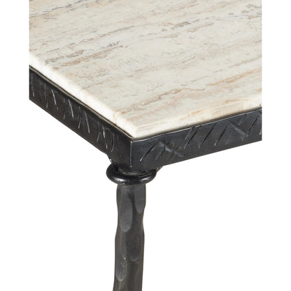 Agora White Travertine Console Table by Currey and Company in natural, rustic bronze. Made from white travertine, wrought iron in a modern style.