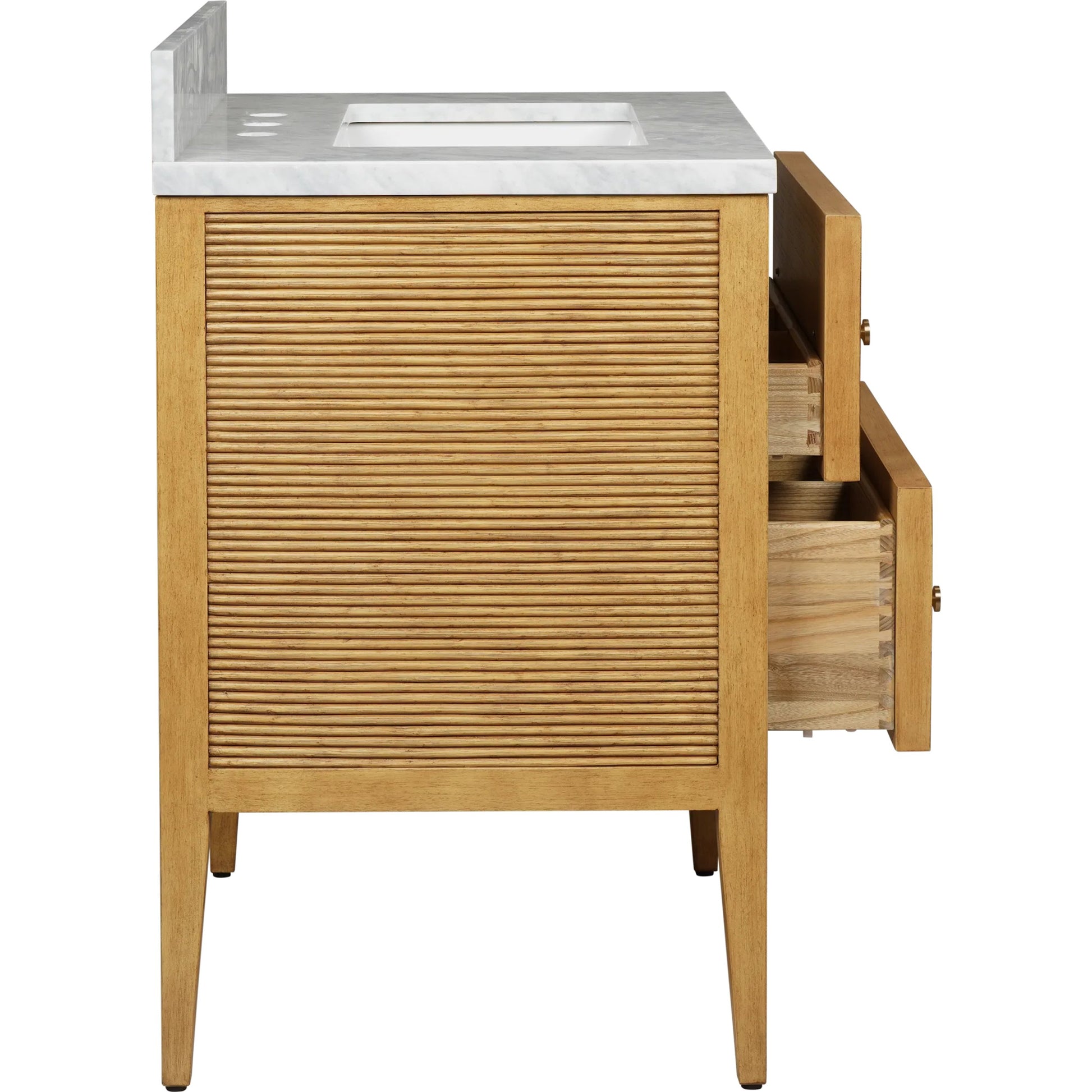 Santos 28" Vanity with Undermount Sink by Currey and Company. Made from rattan, mahogany, carrara marble, vitreous china, sungkai wood, brass in a unique style.