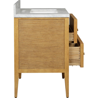 Santos 28" Vanity with Undermount Sink by Currey and Company. Made from rattan, mahogany, carrara marble, vitreous china, sungkai wood, brass in a unique style.