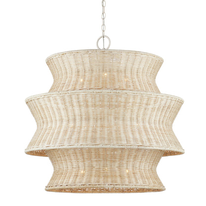 Phebe Rattan Chandelier by Currey and Company in bleached natural, vanilla. Made from rattan, wrought iron in a cottage & farmhouse style.